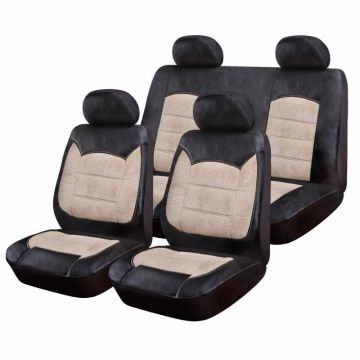 Huse Scaune Auto Luxury, piele ecologica si catifea, 9 piese, model universal, Negru/Crem