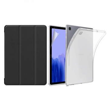 Set 3 in 1 husa carte husa silicon si folie protectie ecran pentru Samsung Galaxy Tab A7 Lite 8.7 inch SM-T225 / T220 negru
