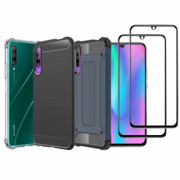 Set protectie 5 in 1 pentru Huawei P Smart Pro 2019/ Honor 9X Pro cu 3 huse antisochybrid si carbon 2 folii fullsize din ceramica negru dark blue incolor