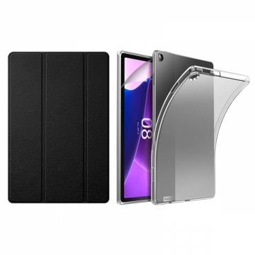 Set 3 in 1 pentru Lenovo Tab M10 (3rd gen) TB328XU cu husa carte husa silicon si folie protectie ecran negru