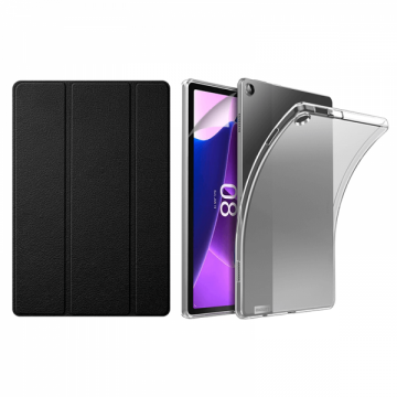 Set 3 in 1 pentru Lenovo Tab M10 (3rd gen) TB328XU 10.1 inch cu husa carte husa silicon si folie protectie ecran negru