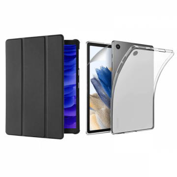 Set 3 in 1 pentru Samsung Galaxy Tab A8 10.5 (2021) LTE SM-X205 cu husa carte husa silicon si folie protectie ecran negru