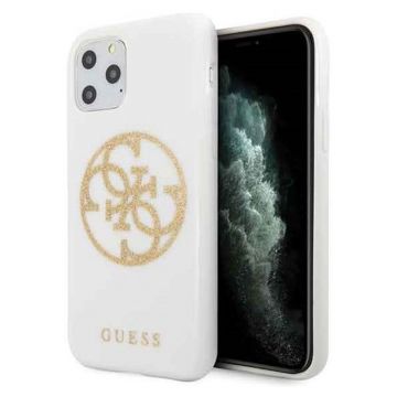 Husa de protectie telefon Guess pentru Iphone 11 Pro, Model 4G Glitter Circle, Plastic TPU, GUHCN58TPUWHGLG, Alb-Auriu