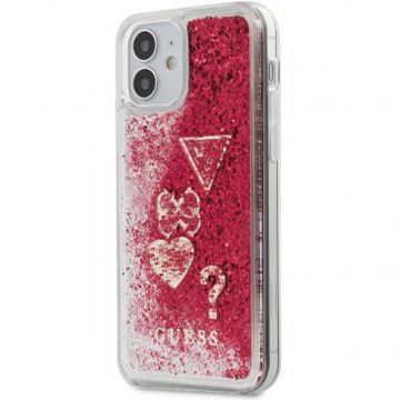 Husa Guess pentru Iphone 12 Mini, Model Licquid Glitter Charms, Plastic TPU, GUHCP12SGLHFLRA, Rosu
