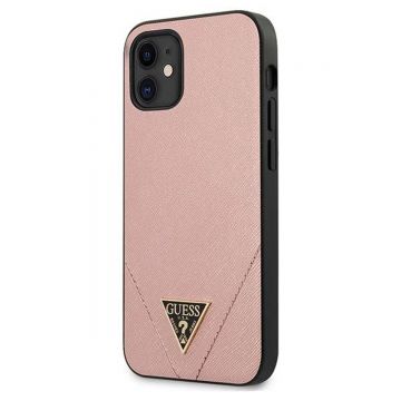 Husa Guess pentru Iphone 12 Mini, Model Saffiano V Stitch, Plastic TPU, GUHCP12SVSATMLPI, Roz