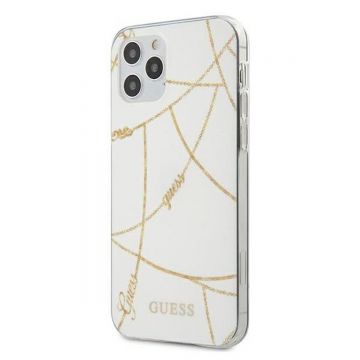 Husa Guess pentru Iphone 12 Pro Max, Model Gold Chain, Piele Ecologica, GUHCP12LPCUCHWH, Alb