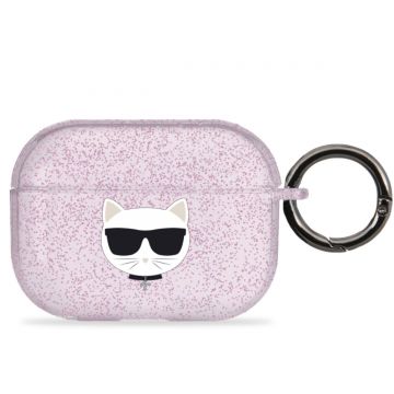Husa Karl Lagerfeld, Glitter Choupette Head, pentru Apple Airpods Pro, Plastic, KLAPUCHGP, Pink