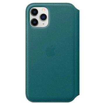 Husa telefon Apple, Cu deschidere laterala din piele pentru Apple iPhone 11 Pro Max, Peacock