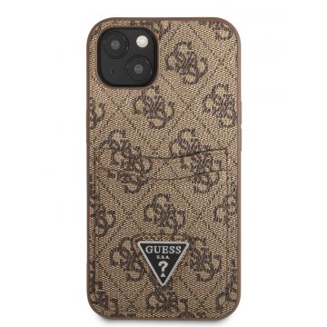 Husa telefon Guess, 4G Saffiano Double Card Case pentru Apple iPhone 13, Plastic, Maro