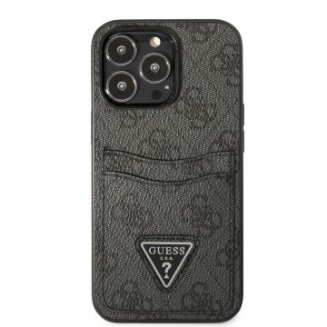 Husa telefon Guess, 4G Saffiano Double Card Case pentru Apple iPhone 13 Pro, Plastic, Imitatie Piele, Negru