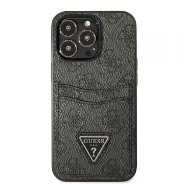 Husa de protectie telefon Guess, 4G Saffiano Double Card Case pentru Apple iPhone 13 Pro, Plastic, Imitatie Piele, Negru