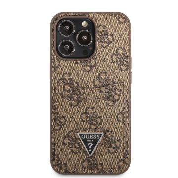 Husa telefon Guess, 4G Saffiano Double Card pentru Apple iPhone 13 Pro, Plastic, Imitatie Piele, Maro
