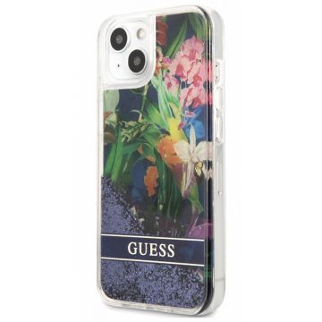 Husa telefon Guess, Liquid Glitter Flower Case pentru Apple iPhone 13 mini, Albastru