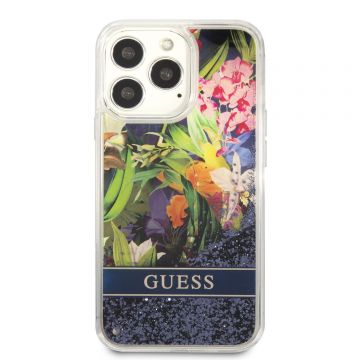 Husa telefon Guess, Liquid Glitter Flower Case pentru Apple iPhone 13 Pro, Plastic, Albastru