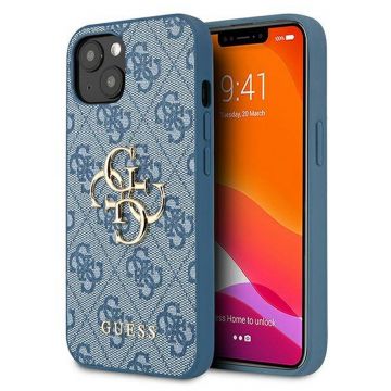 Husa telefon Guess, Metal Logo pentru Apple iPhone 13 Mini, Piele, Albastru