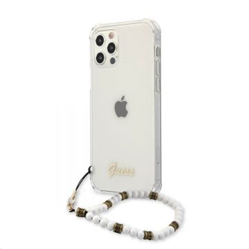 Husa de protectie telefon Guess, PC Script, White Pearls Case pentru Apple iPhone 12/12 Pro, Transparent