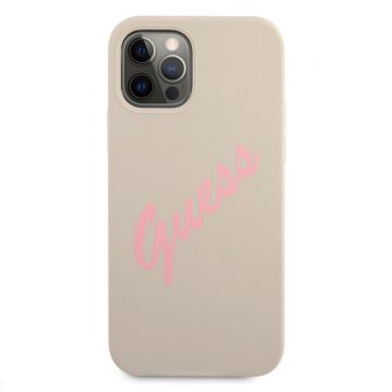 Husa de protectie telefon Guess pentru iPhone 12/12 Pro, Vintage Pink Script, Silicon, Gri