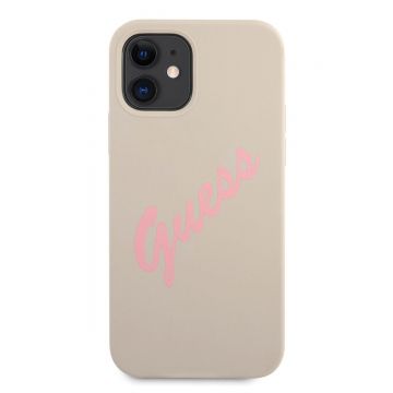 Husa de protectie telefon Guess pentru iPhone 12 Mini, Vintage Pink Script, Silicon, Gri