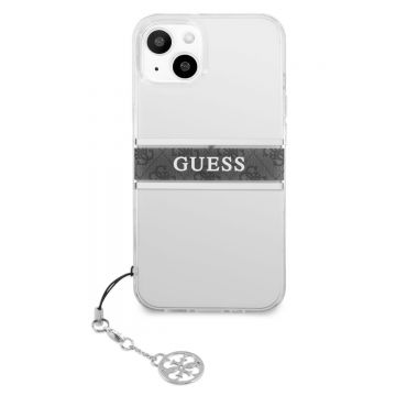 Husa telefon Guess pentru iPhone 13 Mini, 4G Grey Stripe&Metal Charm, Plastic, Transparent
