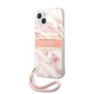 Husa telefon Guess pentru iPhone 13 mini, Marble Strap, Plastic, Roz