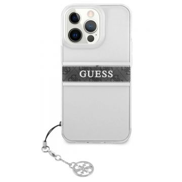 Husa telefon Guess pentru iPhone 13 Pro, 4G Grey Stripe&Metal Charm, Plastic, Transparent