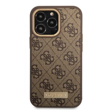 Husa de protectie telefon Guess pentru iPhone 13 Pro, 4G Metal Plate, MagSafe, Maro