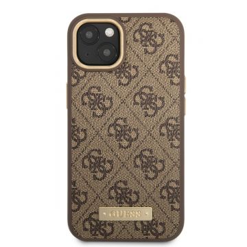 Husa telefon Guess pentru iPhone 14, 4G and Logo script, MagSafe, Piele ecologica, Maro