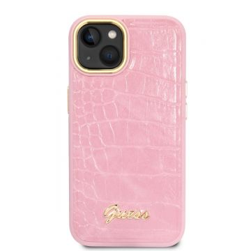 Husa telefon Guess pentru iPhone 14, Croco with Metal Logo, Piele ecologica, Roz