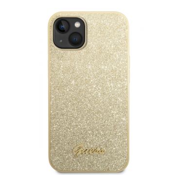 Husa telefon Guess pentru iPhone 14, Glitter Flakes Metal Logo, Plastic, Auriu