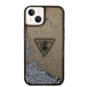 Husa telefon Guess pentru iPhone 14, Liquid Glitter and Triangle Logo, Plastic, Negru