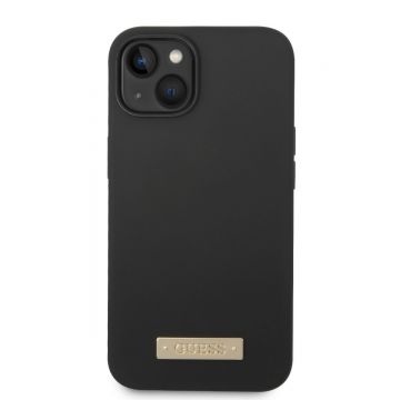 Husa telefon Guess pentru iPhone 14, Metal Logo, MagSafe, Silicon lichid, Negru