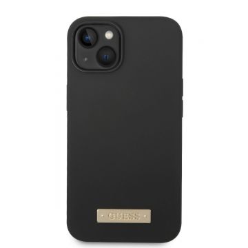 Husa de protectie telefon Guess pentru iPhone 14, Metal Logo, MagSafe, Silicon lichid, Negru