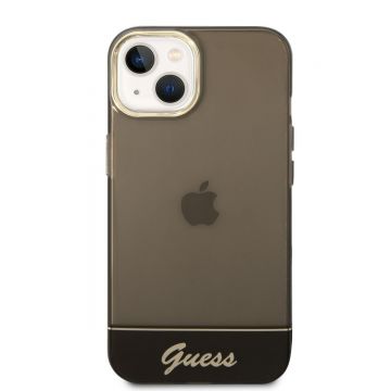 Husa de protectie telefon Guess pentru iPhone 14 Plus, Camera Outline and Logo Script, Plastic, Negru