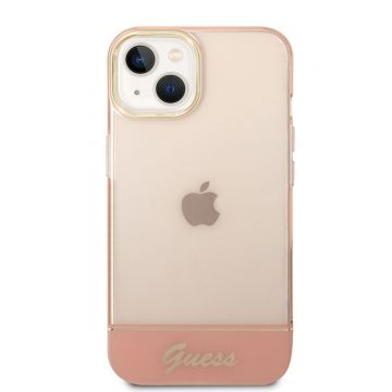 Husa telefon Guess pentru iPhone 14 Plus, Camera Outline and Logo Script, Plastic, Roz