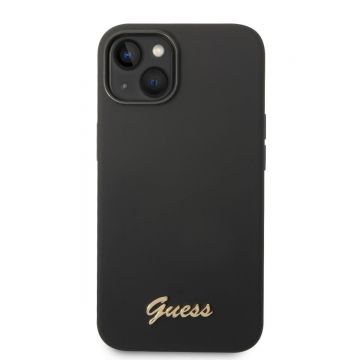 Husa telefon Guess pentru iPhone 14 Plus, Camera Outline and Script Metal Logo, Silicon Lichid, Negru