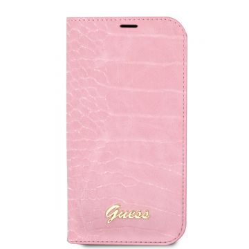 Husa telefon Guess pentru iPhone 14 Plus, Croco with Metal Logo Book Cover, Piele ecologica, Roz