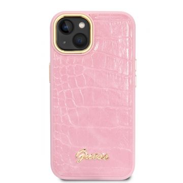 Husa telefon Guess pentru iPhone 14 Plus, Croco with Metal Logo, Piele ecologica, Roz