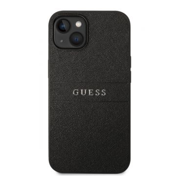 Husa telefon Guess pentru iPhone 14 Plus, cu logo metalic hot stamp dungi, Piele ecologica, Negru