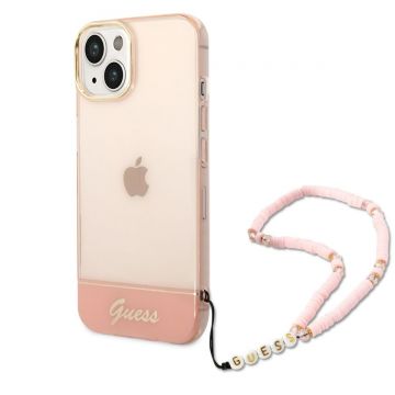 Husa telefon Guess pentru iPhone 14 Plus, Double Layer Electroplated with strap, Plastic, Roz