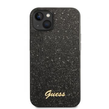 Husa telefon Guess pentru iPhone 14 Plus, Glitter Flakes Metal Logo, Plastic, Negru