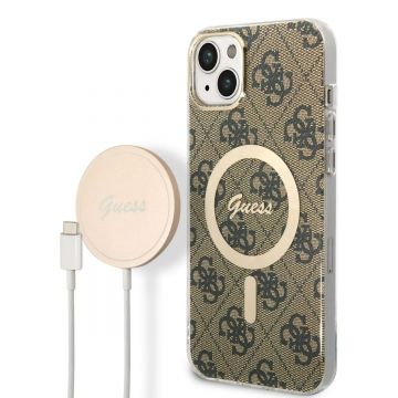 Husa de protectie telefon Guess pentru iPhone 14 Plus + Incarcator wireless si cablu, Silicon, Magsafe, Maro