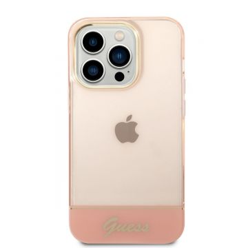 Husa telefon Guess pentru iPhone 14 Pro, Camera Outline and Logo Script, Plastic, Roz