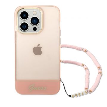 Husa de protectie telefon Guess pentru iPhone 14 Pro, Camera Outline and Logo Script with strap, Plastic, Roz