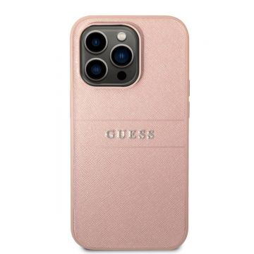 Husa telefon Guess pentru iPhone 14 Pro, cu logo metalic hot stamp dungi, Piele ecologica, Roz