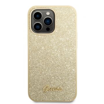 Husa telefon Guess pentru iPhone 14 PRO, Glitter Flakes Metal Logo, Plastic, Auriu