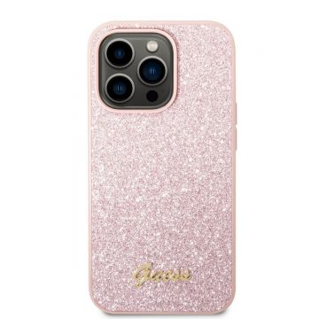 Husa telefon Guess pentru iPhone 14 Pro, Glitter Flakes Metal Logo, Plastic, Roz