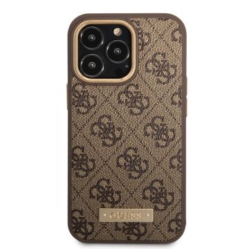 Husa telefon Guess pentru iPhone 14 Pro Max, 4G and Logo script, MagSafe, Piele ecologica, Maro