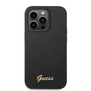 Husa telefon Guess pentru iPhone 14 Pro Max, Camera Outline and Script Metal Logo, Silicon Lichid, Negru