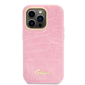 Husa telefon Guess pentru iPhone 14 Pro Max, Croco with Metal Logo, Piele ecologica, Roz