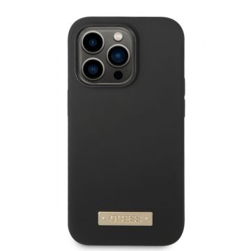 Husa telefon Guess pentru iPhone 14 Pro, Metal Logo, MagSafe, Silicon lichid, Negru